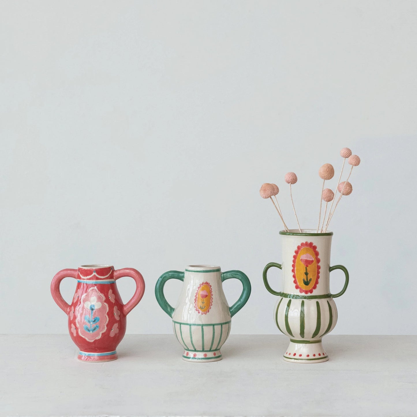 Hand-Painted Stoneware Urn w/ Flower & Handles