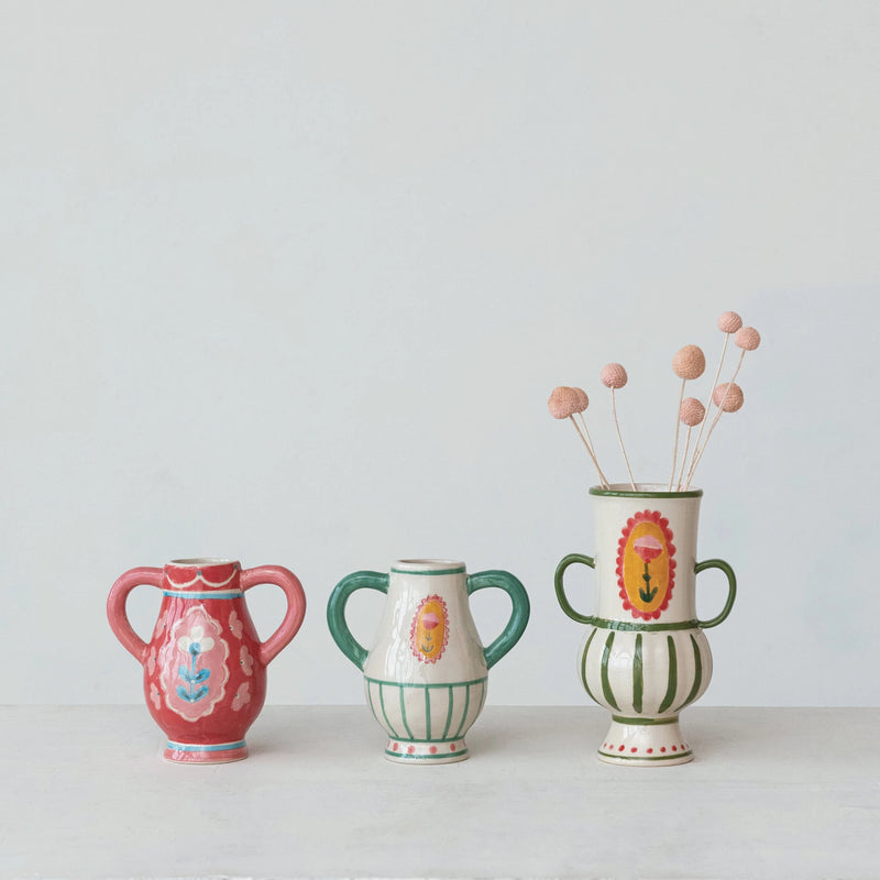 Hand-Painted Stoneware Urn w/ Flower & Handles