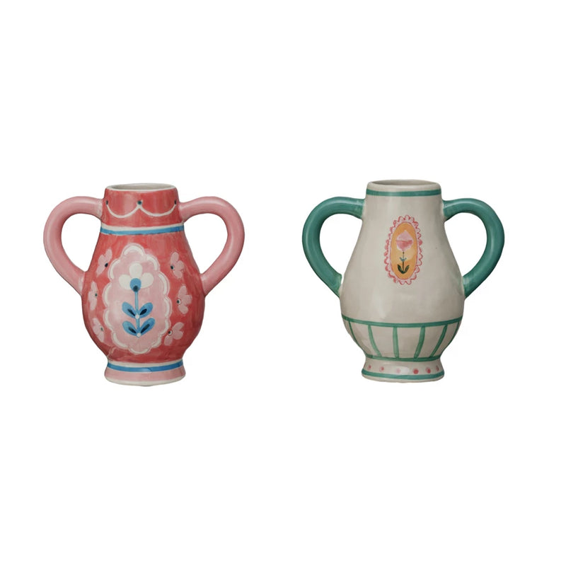 Hand-Painted Stoneware Urn w/ Flower & Handles
