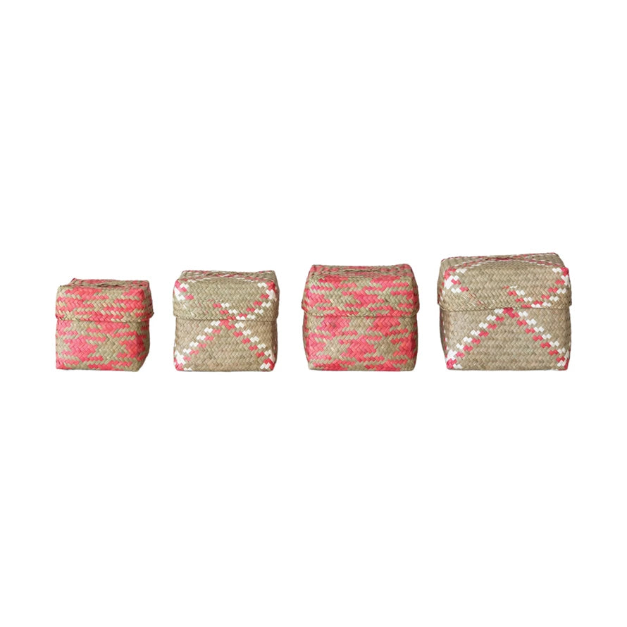 Hand-Woven Palm Leaf Boxes with Designs, Set of 4