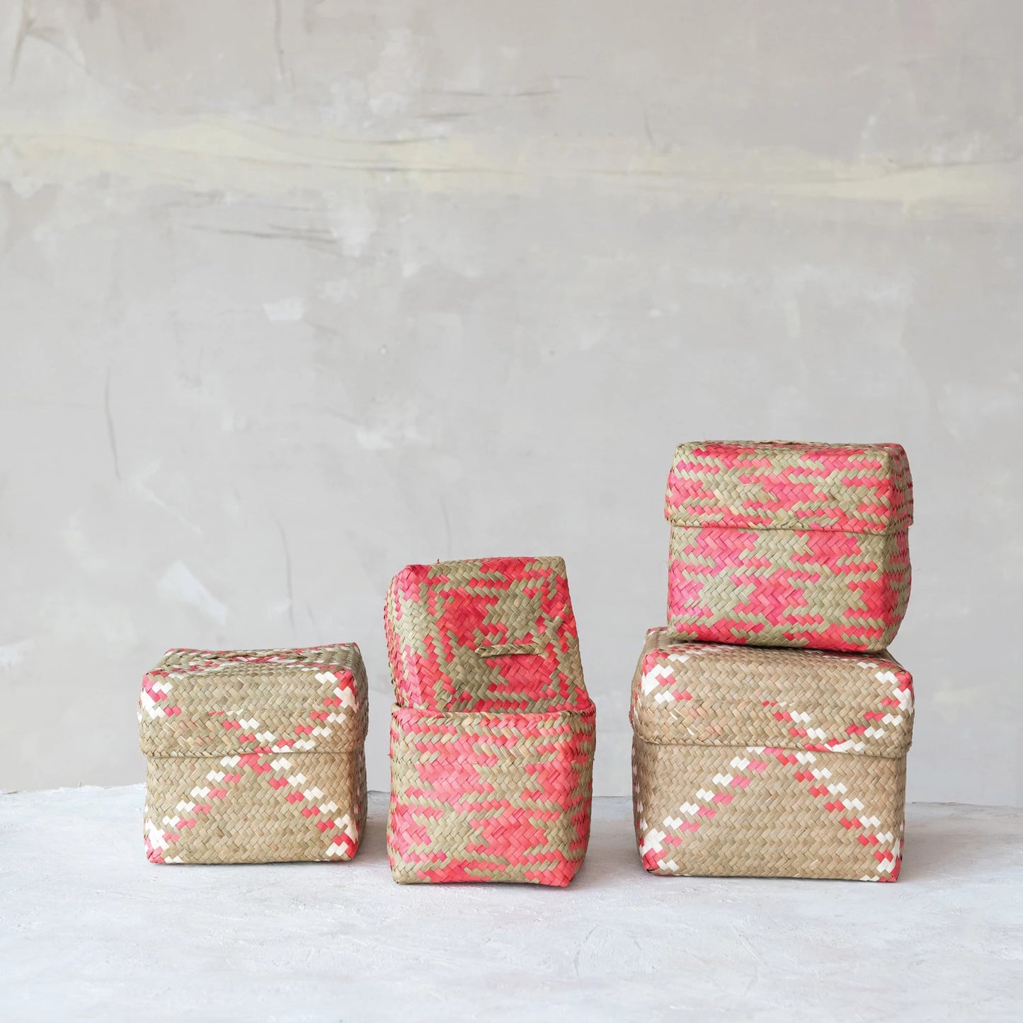 Hand-Woven Palm Leaf Boxes with Designs, Set of 4