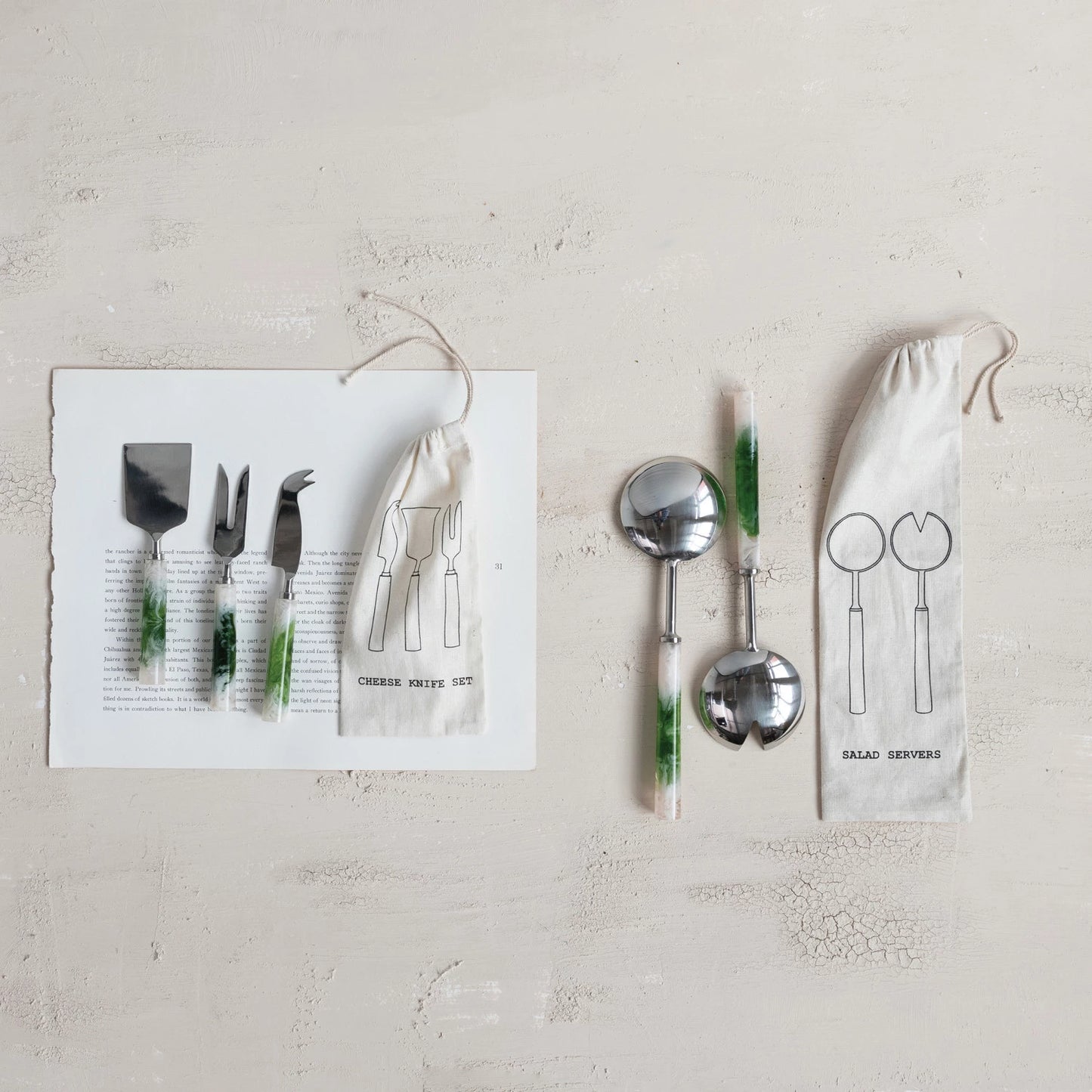 Stainless Steel Salad Servers, Green & White