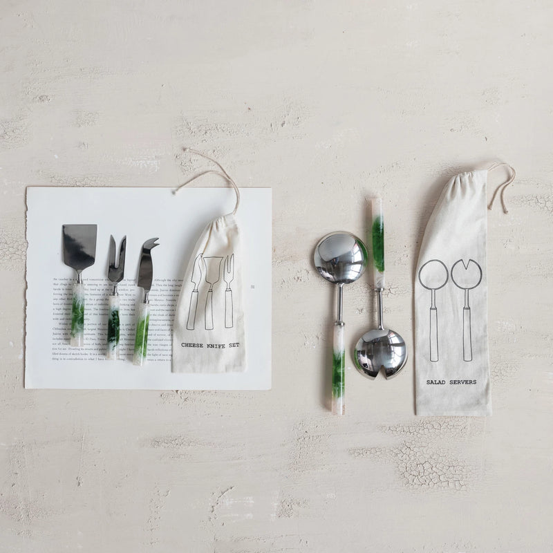 Stainless Steel Salad Servers, Green & White