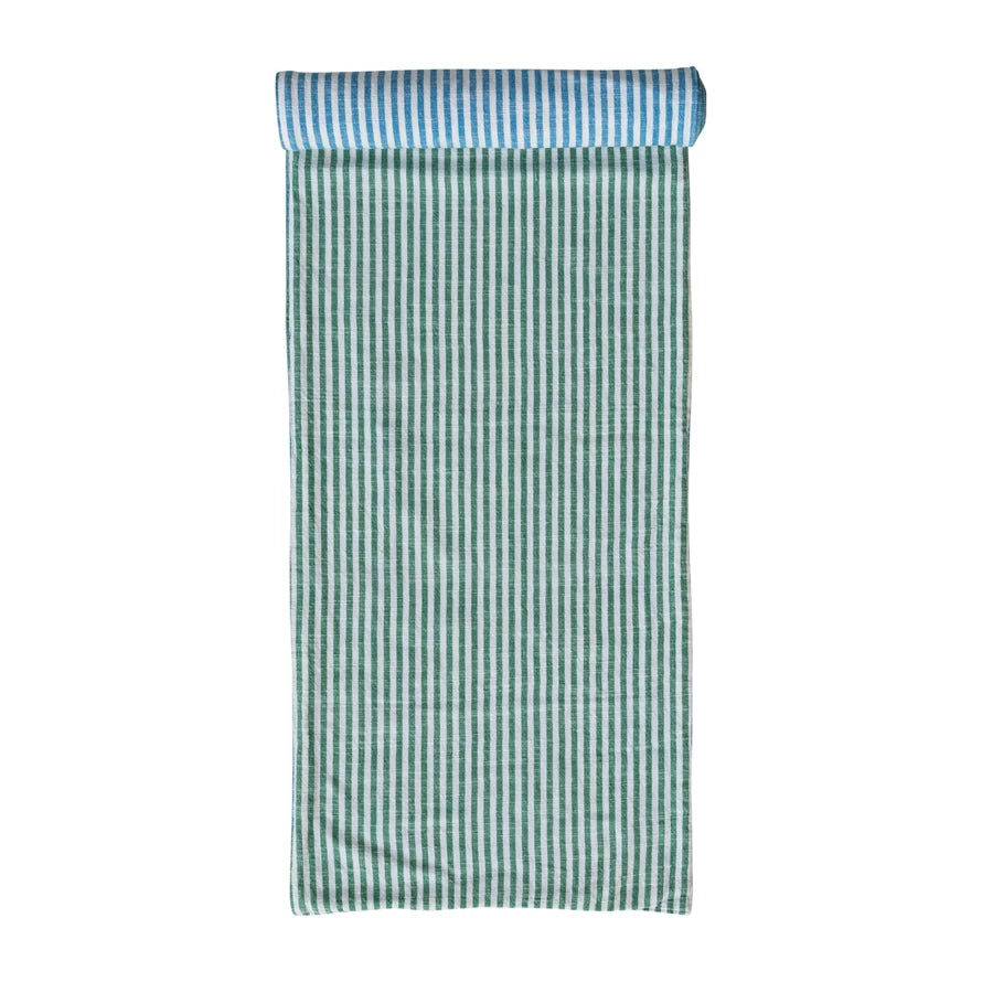 Woven Cotton Two-Sided Striped Table Runner - Blue, Green & Natural
