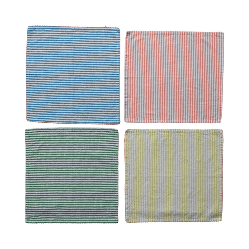 Woven Cotton Striped Napkins w/ Stitched Colored Trim - Set of 4