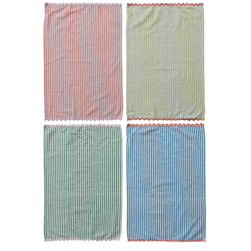 Woven Cotton Striped Tea Towel w/ Ric Rac Trim
