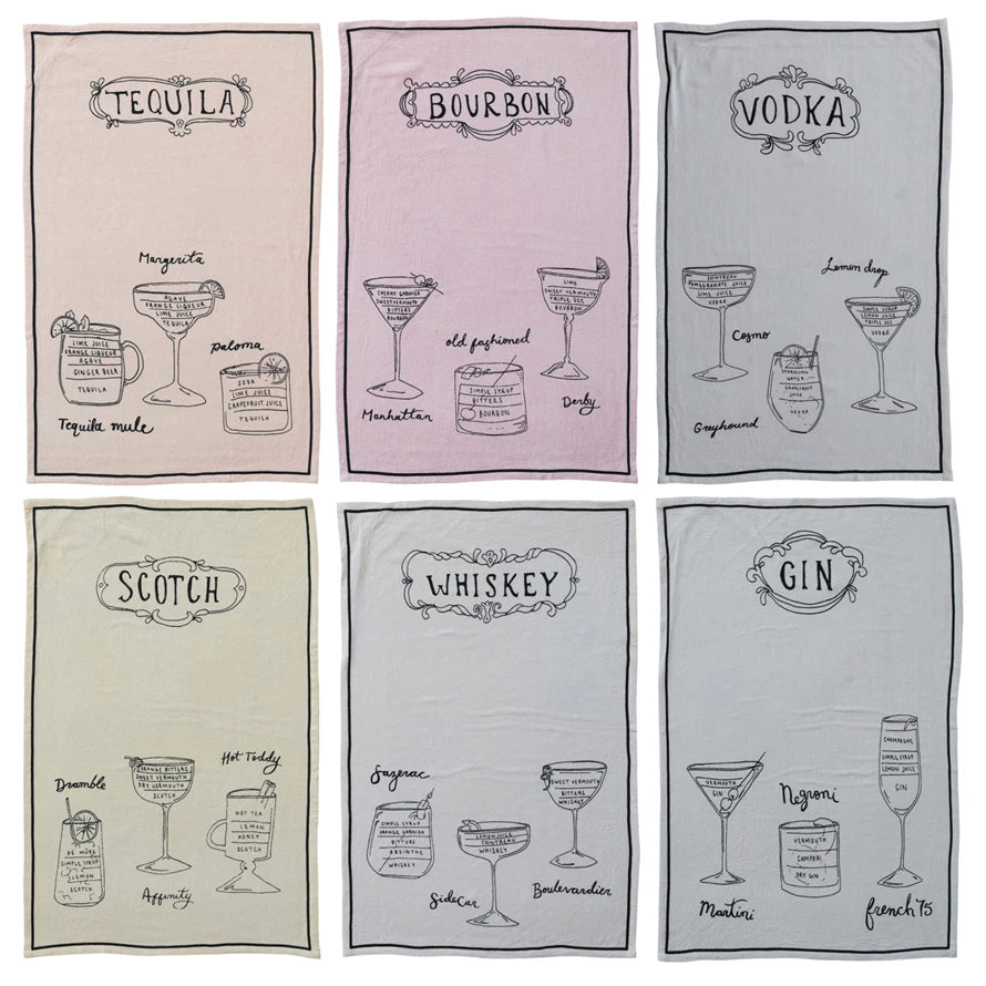 Linen Blend Tea Towel w/ Cocktail Recipes & Art