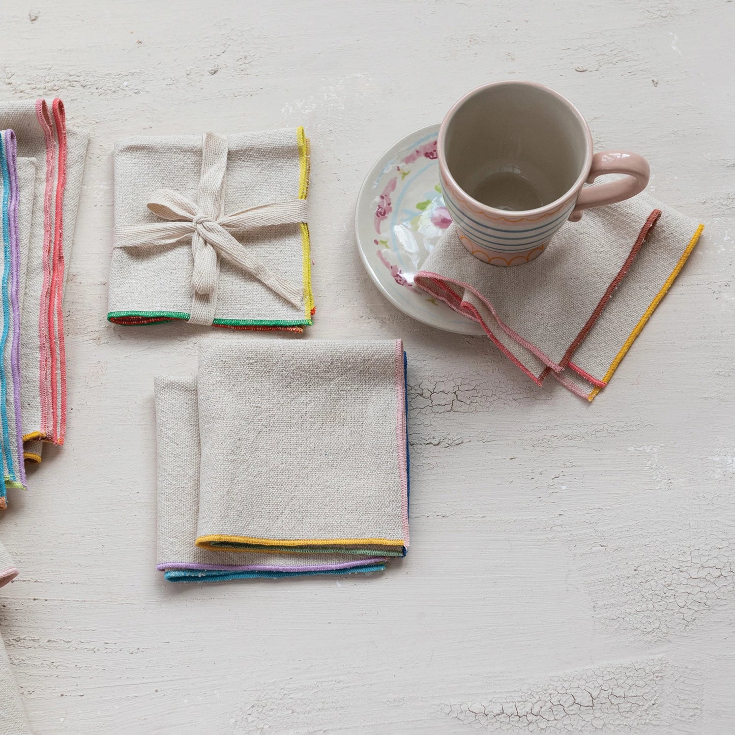 Woven Cotton Napkins w/ Stitched Colored Edge - Set of 4
