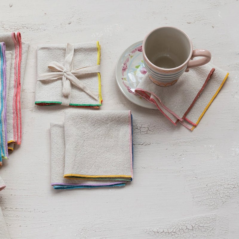 Woven Cotton Napkins w/ Stitched Colored Edge - Set of 4