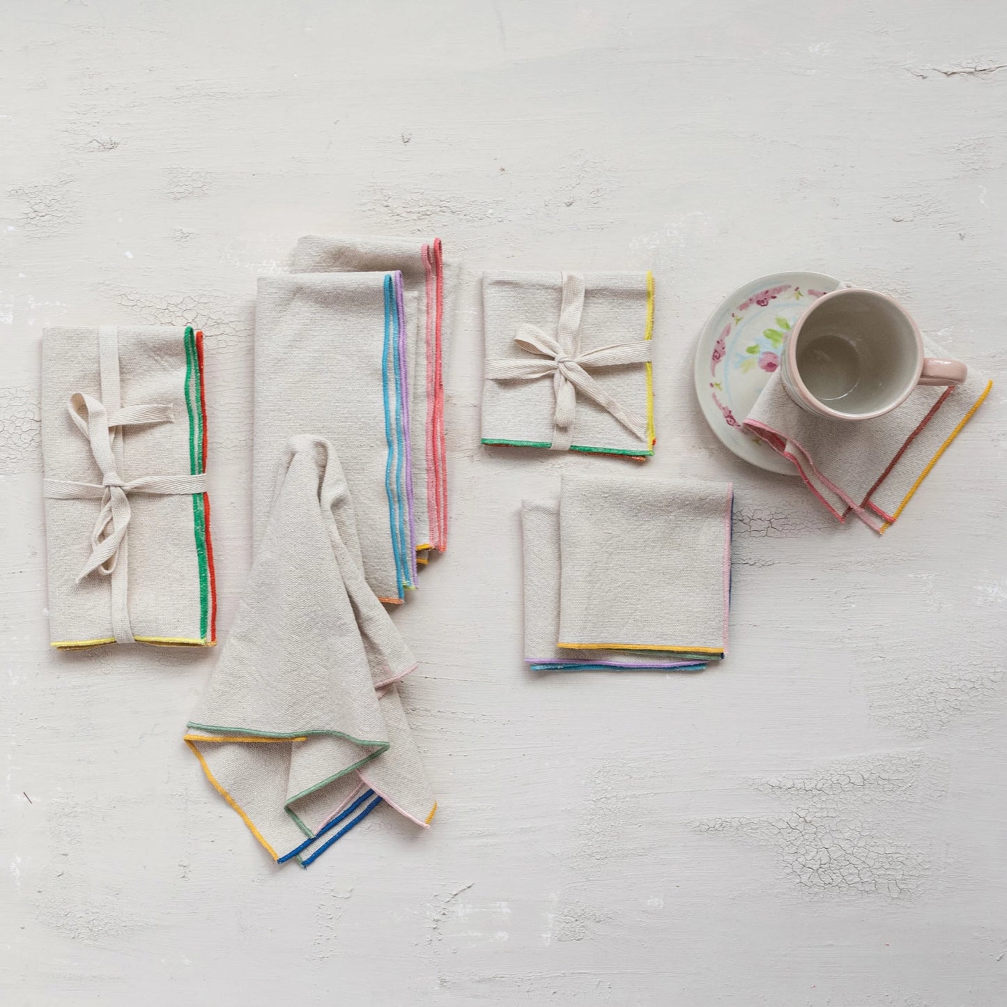 Woven Cotton Napkins w/ Stitched Colored Edge - Set of 4