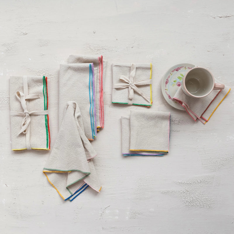 Woven Cotton Napkins w/ Stitched Colored Edge - Set of 4