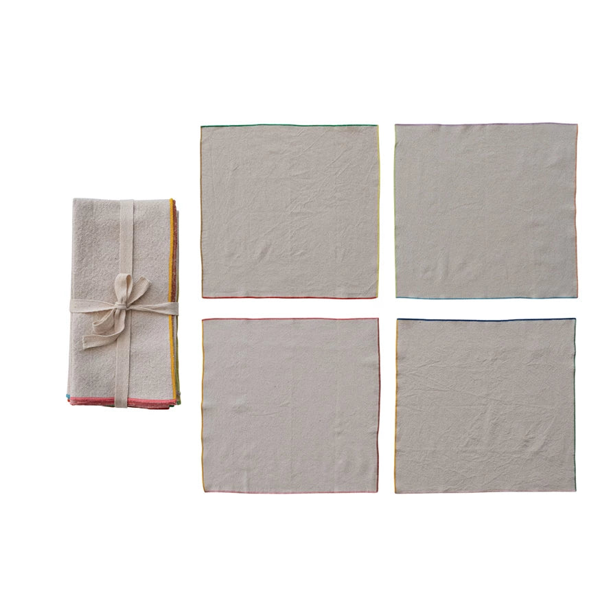 Woven Cotton Napkins w/ Stitched Colored Edge - Set of 4