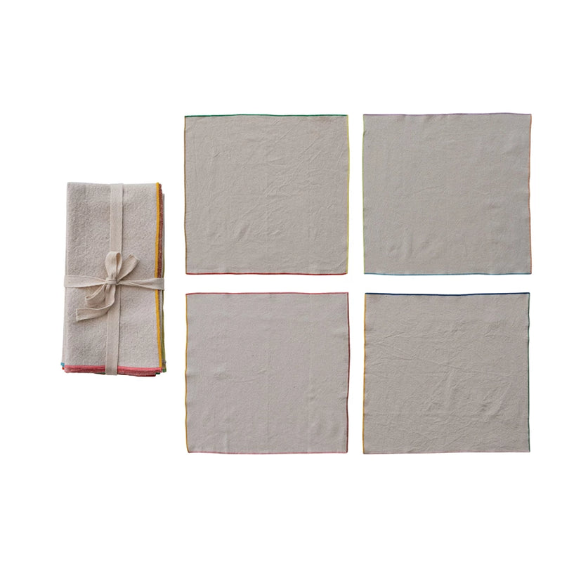 Woven Cotton Napkins w/ Stitched Colored Edge - Set of 4