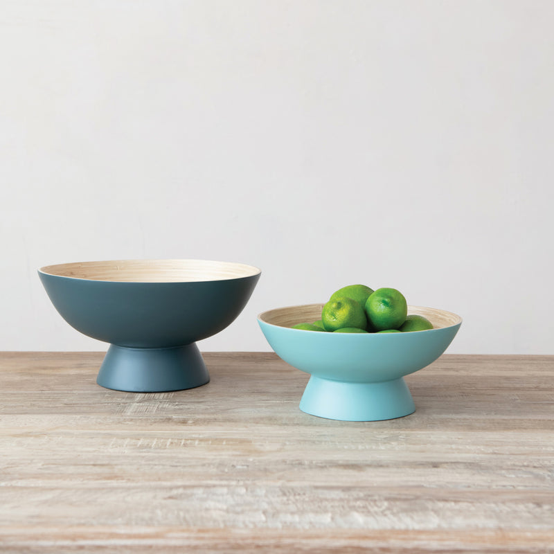 Bamboo Footed Bowl w/ Natural Finish Inside - Matte Blue