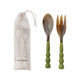 Natural Horn Salad Servers w/ Marbled Resin Handles - Set of 2