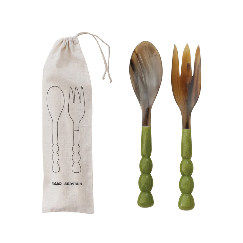 Natural Horn Salad Servers w/ Marbled Resin Handles - Set of 2