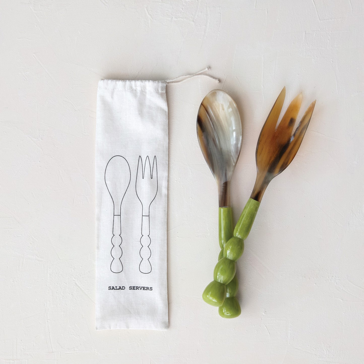 Natural Horn Salad Servers w/ Marbled Resin Handles - Set of 2