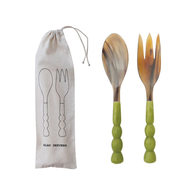 Natural Horn Salad Servers w/ Marbled Resin Handles - Set of 2