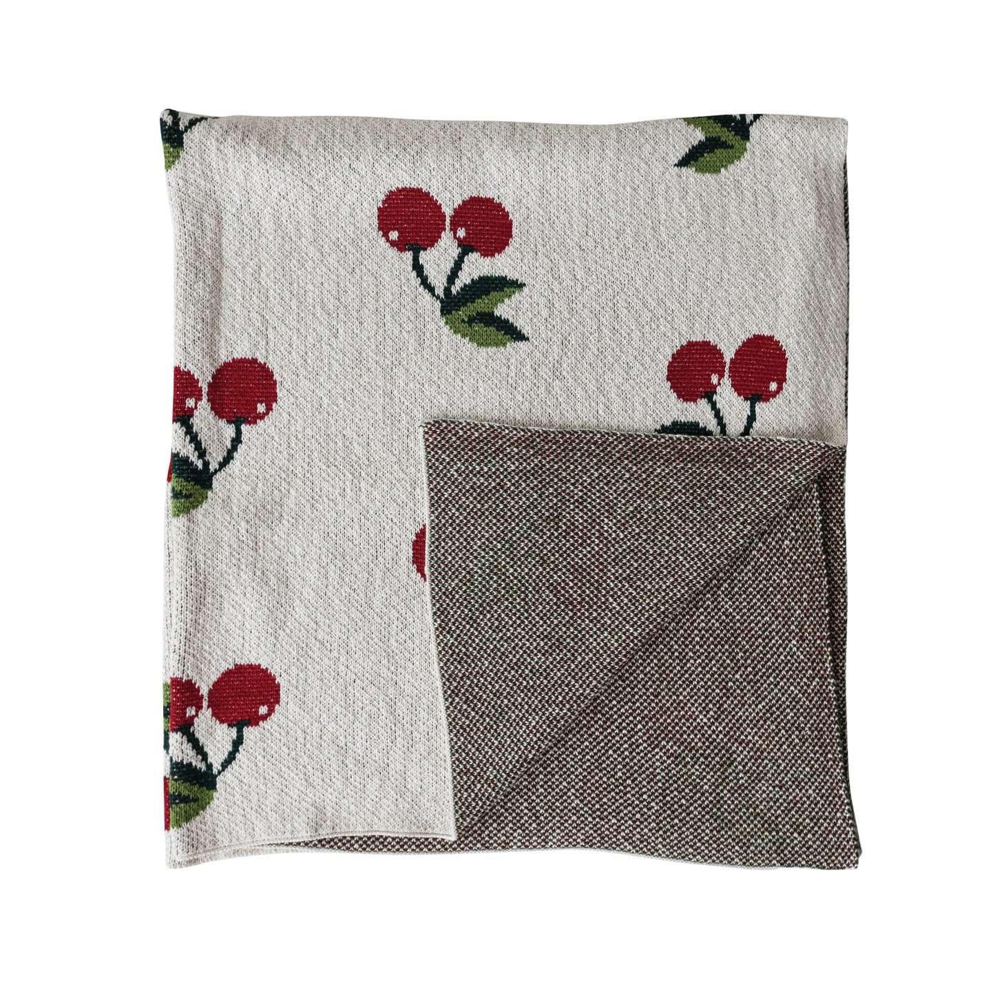 Cotton Knit Throw w/ Cherries - Natural, Red & Green