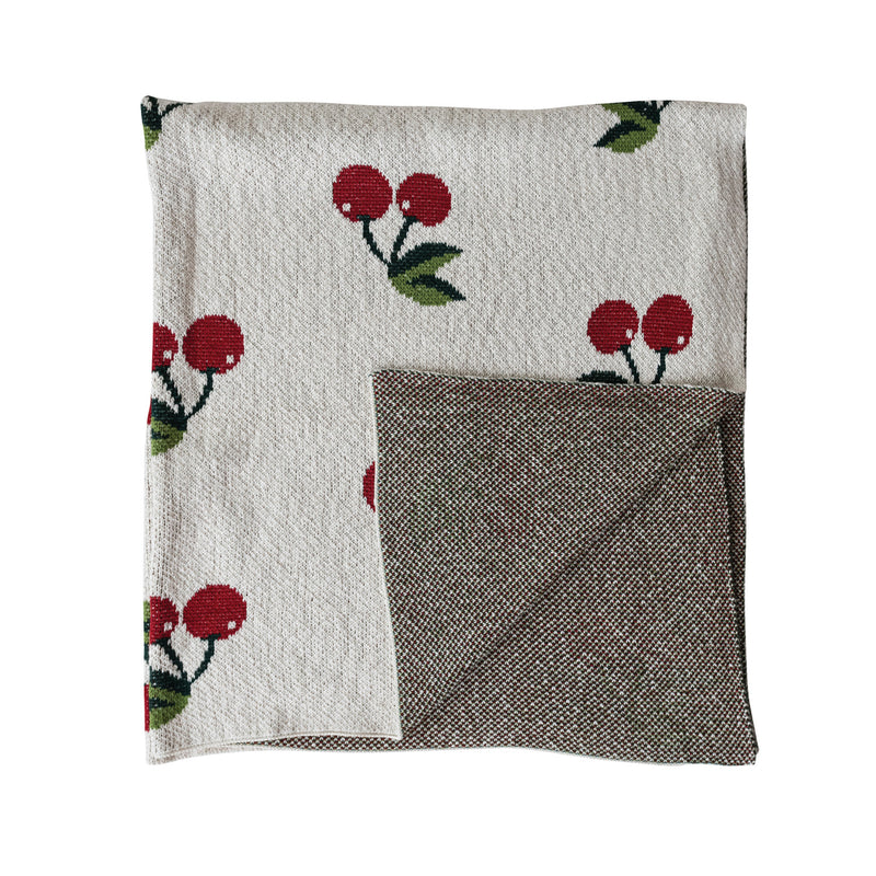 Cotton Knit Throw w/ Cherries - Natural, Red & Green