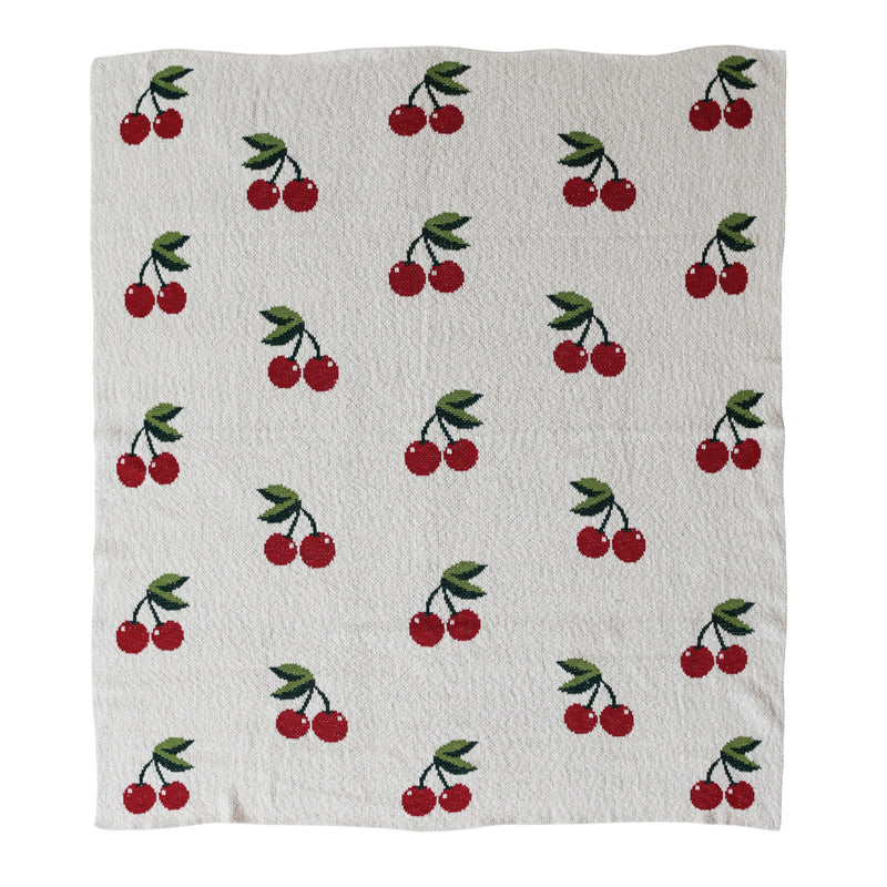Cotton Knit Throw w/ Cherries - Natural, Red & Green