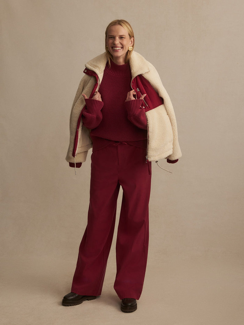 Kalyn Sherpa Jacket in Sandshell and Rumba Rose on model