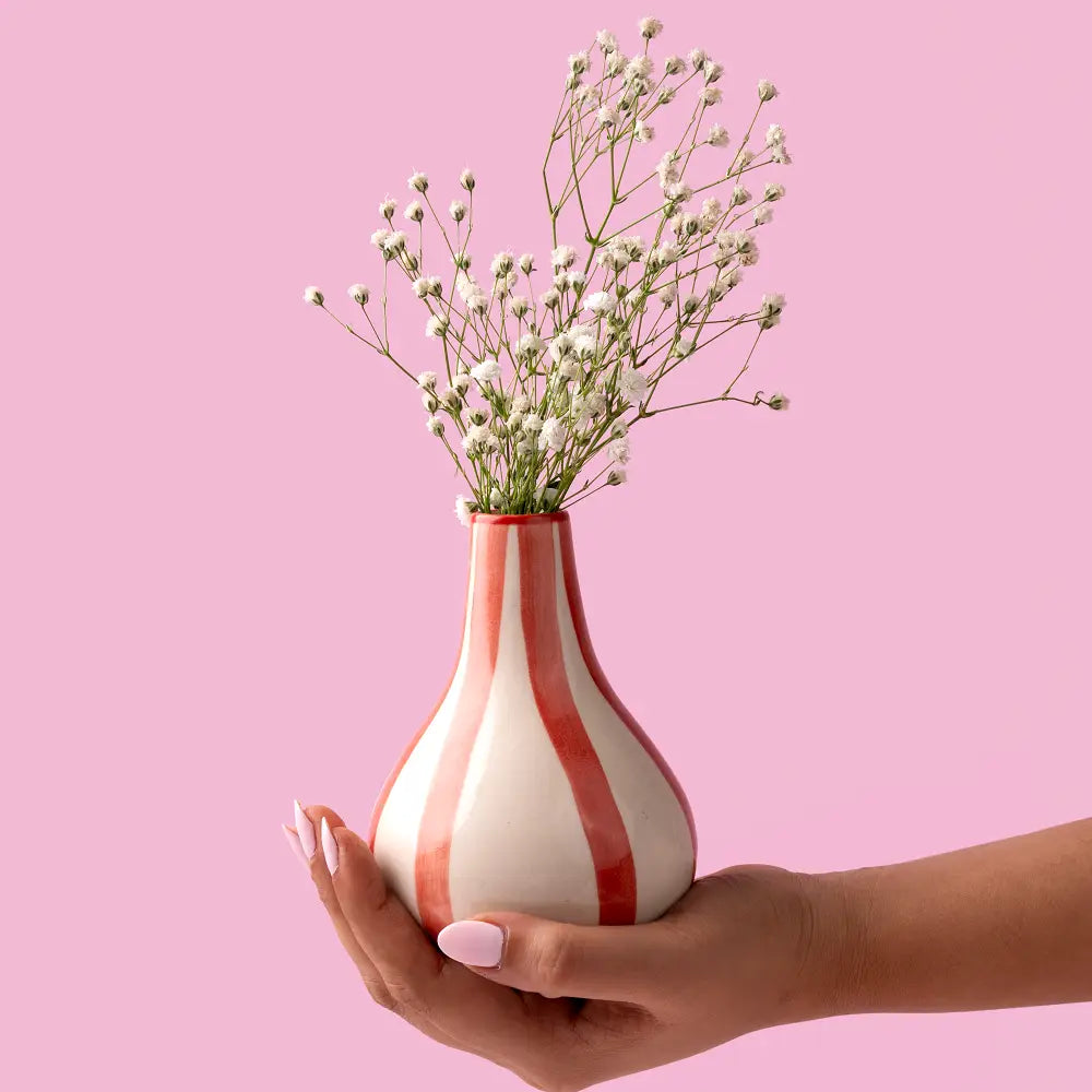 Ceramic Stripe  bud vase, Red- 3.5 x 3.5 x 4.75 Inches
