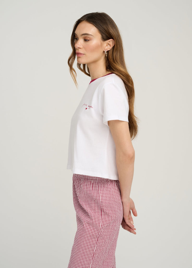 Favorite Daughter - The Cropped Signature Chest Logo Tee - Off White Raspberry