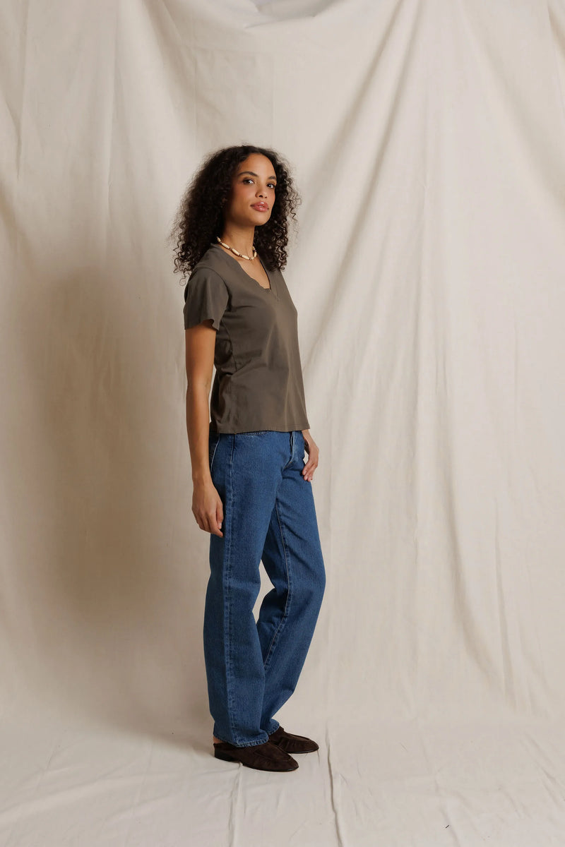 PerfectWhiteTee - Hendrix Cotton Boxy V Neck Tee - Dark Olive