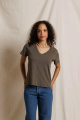 PerfectWhiteTee - Hendrix Cotton Boxy V Neck Tee - Dark Olive