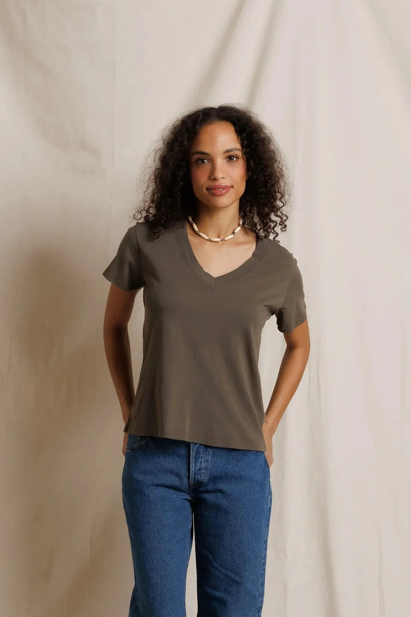 PerfectWhiteTee - Hendrix Cotton Boxy V Neck Tee - Dark Olive