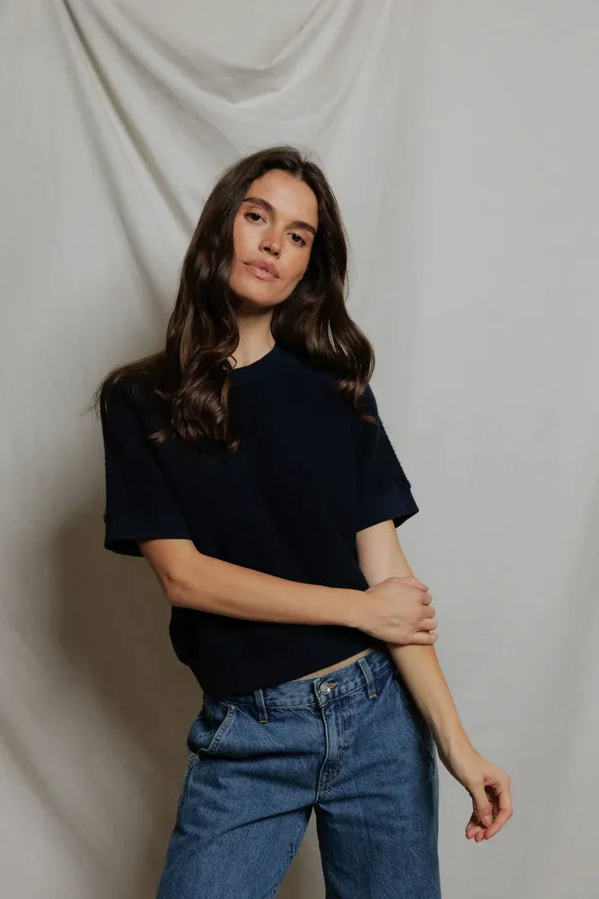 PerfectWhiteTe - Kennedy Reverse Fleece Short Sleeve Crew Neck Sweatshirt - Navy