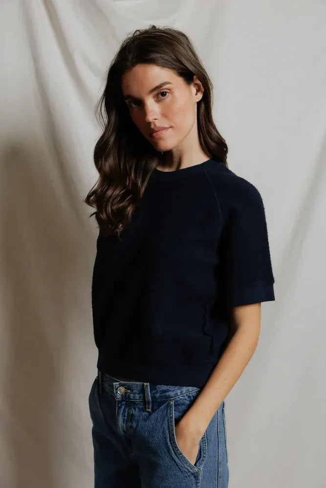 PerfectWhiteTe - Kennedy Reverse Fleece Short Sleeve Crew Neck Sweatshirt - Navy