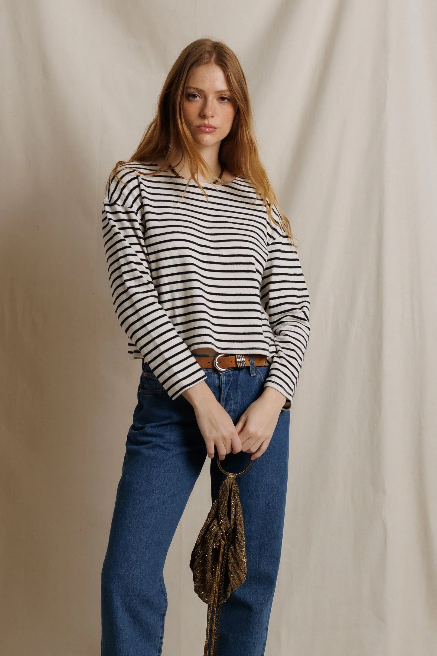 PerfectWhiteTee - Jenna Cotton Jersey Striped Long Sleeve - Natural Black Stripe