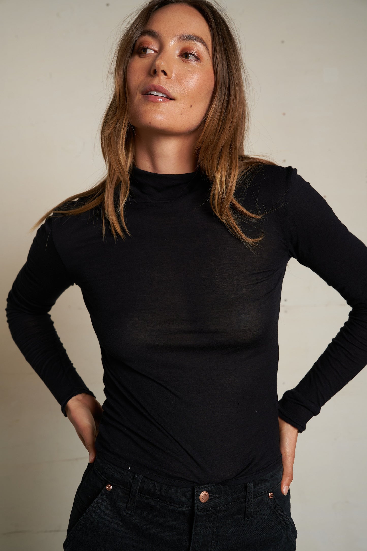 PerfectWhiteTee - Kim French Jersey Mockneck Top - True Black