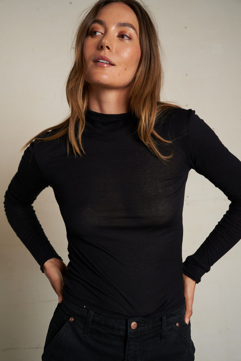 PerfectWhiteTee - Kim French Jersey Mockneck Top - True Black