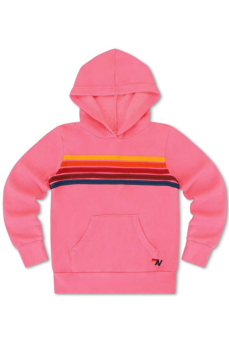 Kid's 5 Stripe Pullover Hoodie in Neon Pink, front view