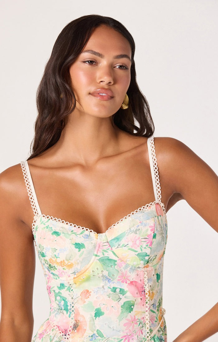ASTR The Label - Birdie Floral Eyelet Sweetheart Mini Dress - Green Pink Floral
