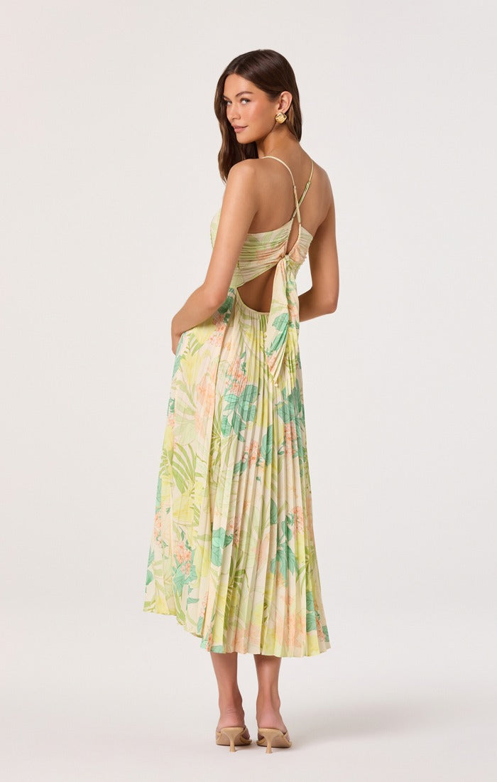 ASTR The Label - Blythe Floral Plisse Midi Dress - Green Peach Tropical