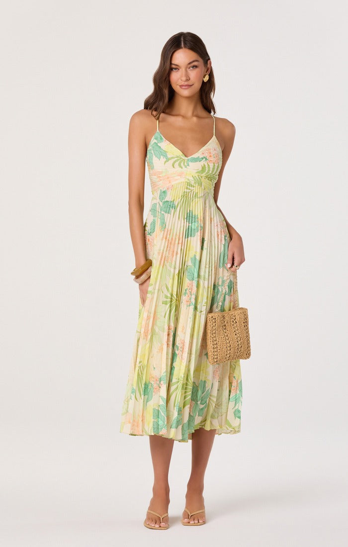 ASTR The Label - Blythe Floral Plisse Midi Dress - Green Peach Tropical