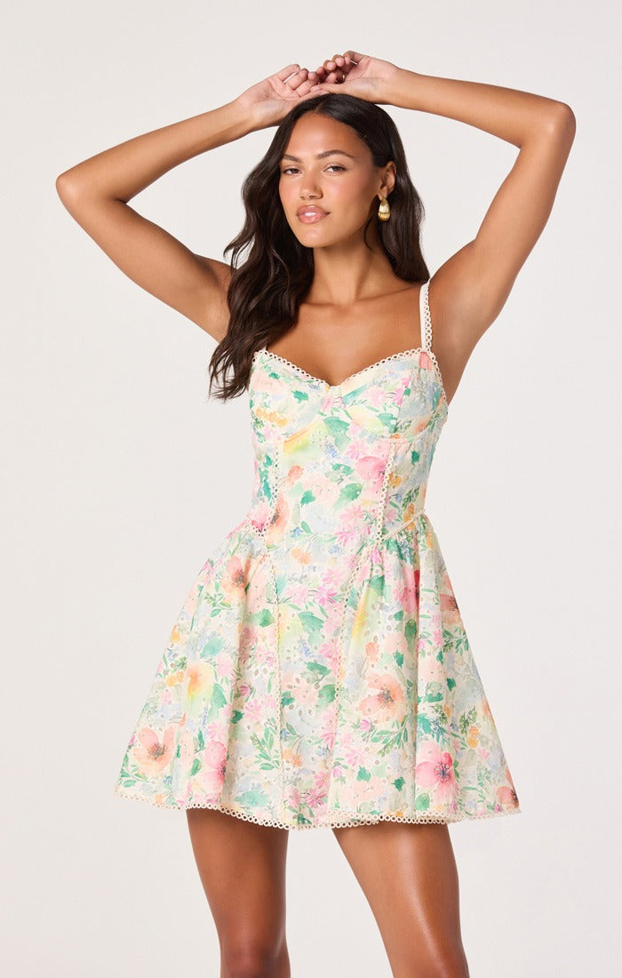 ASTR The Label - Birdie Floral Eyelet Sweetheart Mini Dress - Green Pink Floral