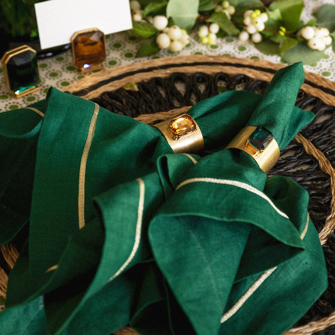 Gold trim dinner napkins, hunter green, set of two
