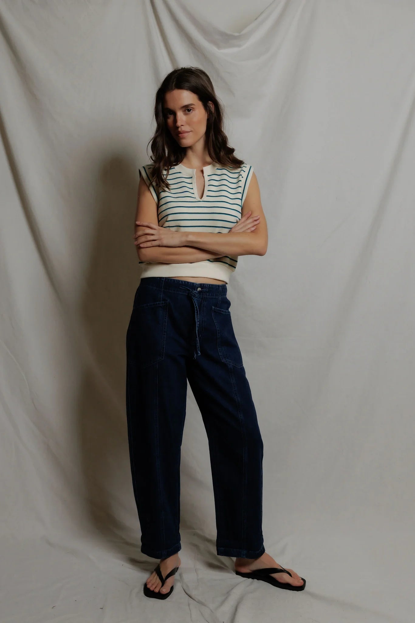 PerfectWhiteTee - Sloane Stripe French Terry Striped Muscle Tank - Teal Navy Stripe