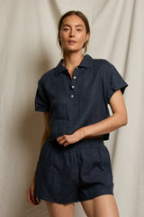PerfectWhiteTee - Tabitha Linen Collared Cropped Polo Tee - Navy