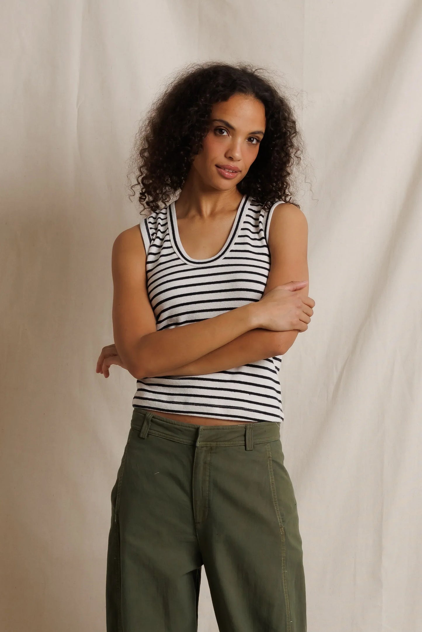 PerfectWhiteTee - Tracy Cotton Jersey Striped U-Neck Tank - Natural Black Stripe