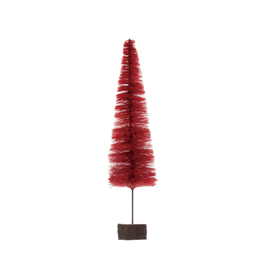 4" Round x 15-3/4"H Sisal Bottle Brush Tree with Wood Slice Base, Berry Color