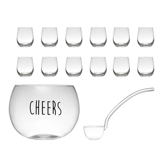 6.5 Quart Glass Punch Bowl "Cheers" w/ Ladle & 12 glasses
