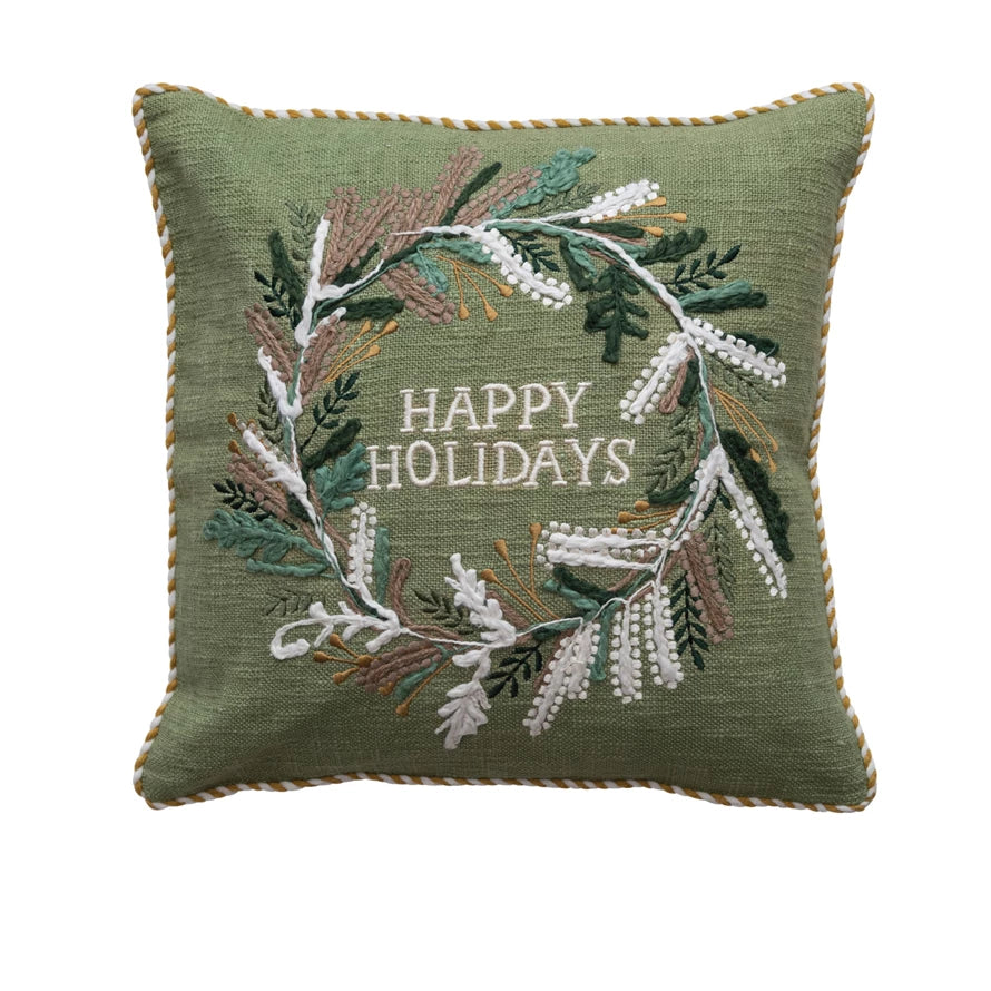 18" Cotton Pillow w/ Wreath "Happy Holidays"