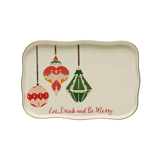 Stoneware Tray w/ Ornaments "Eat, Drink, and Be Merry"