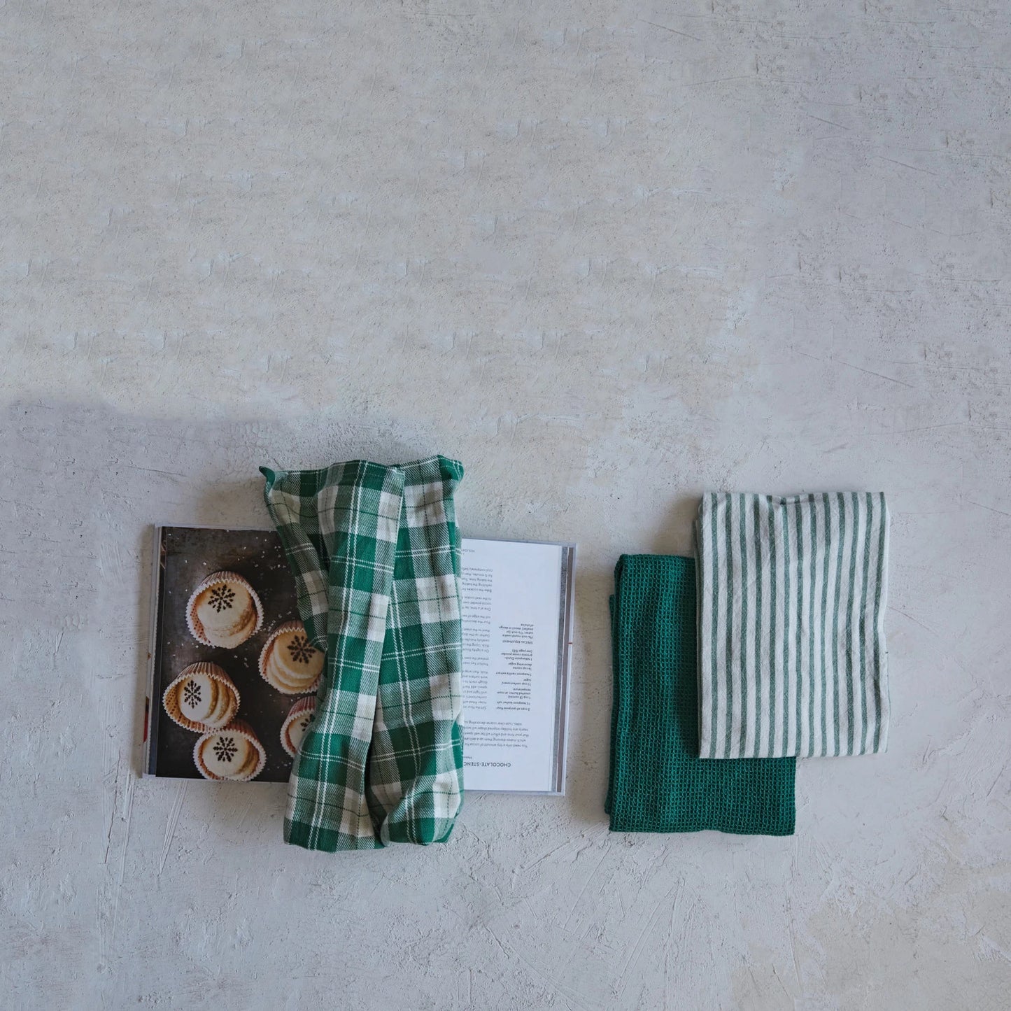 Cotton Woven/Waffle Weave Tea Towels, Green & White, Set of 3